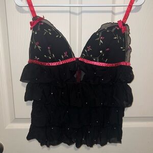 Black and Red Embroidered Ruffle Top